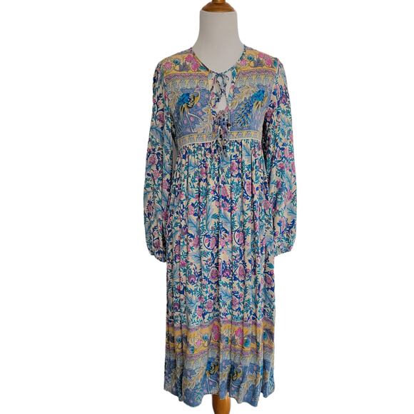 R Vivimos Boho Dress Vintage Print Birds Floral Empire Waist Midi Women Medium - Picture 1 of 11